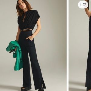 NWT Anthropologie Maeve Knit Flare Pants Large Black Stretch Pull On EUC